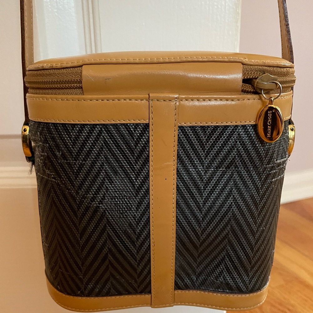 Mark Cross Vintage Box Mini Bucket Crossbody Bag Black Tan Canvas Leather gold - Picture 9 of 16